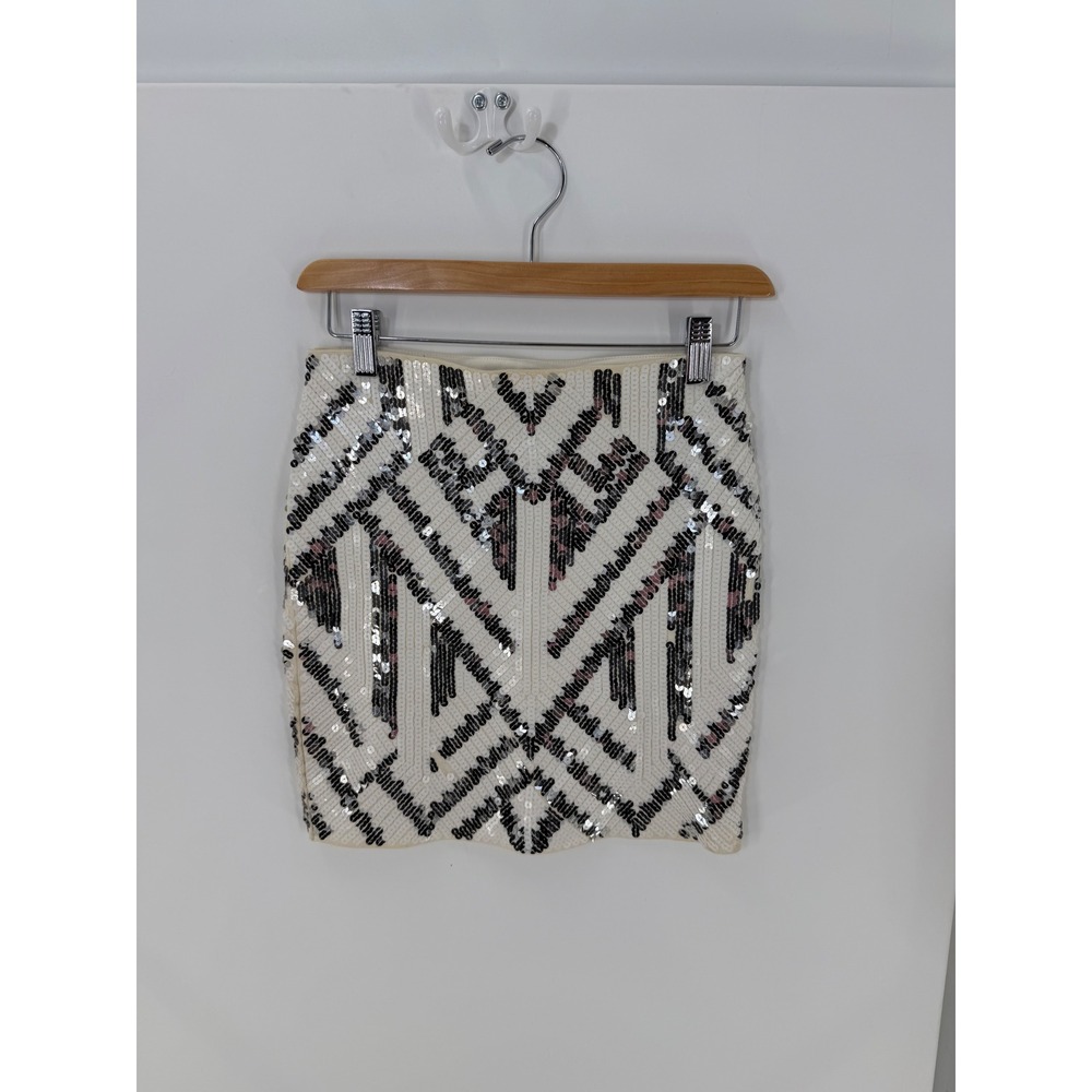 Express Sequin Mini Skirt Geometric Art Deco Silver Black Cream Womens XS